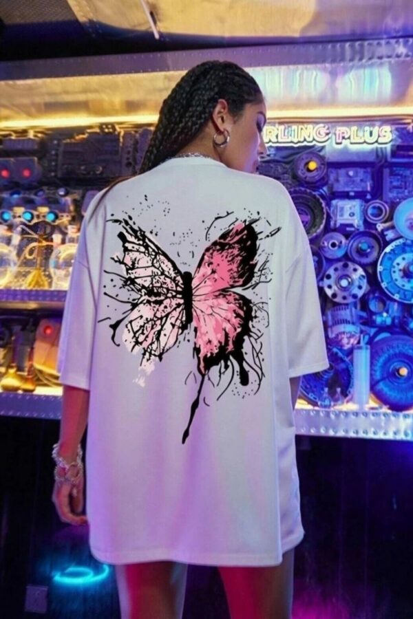 Kadın Kısa Kol Yazlık Tişört Bisiklet Yaka Kelebek Baskılı T-Shirt - Beyaz