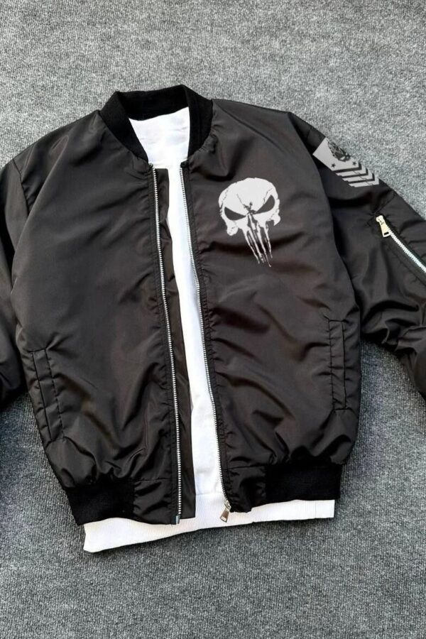 ERKEK Siyah Askeri Tarz Bomber Mont Punisher Skull Detaylı Fermuarlı Cepli - Siyah