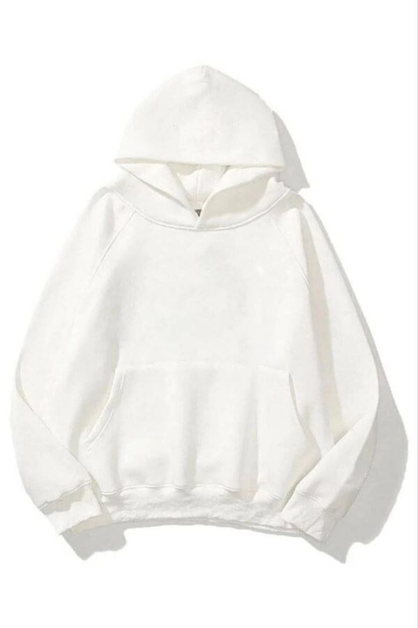 Kadın Kapüşonlu Kanguru Cepli 3 İplik Pamuklu Düz Hoodie Sweatshirt - Beyaz