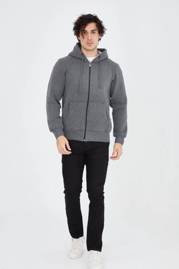 Erkek 3 İplik Pamuklu Kapüşonlu Tam Fermuarlı Cepli Hoodie Sweatshirt - Füme