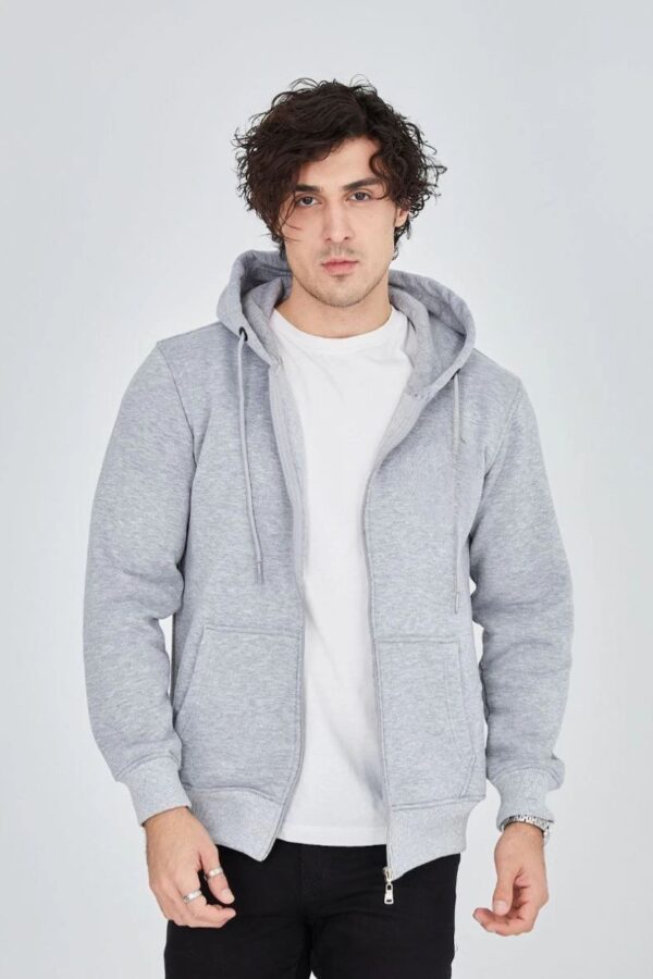 Erkek 3 İplik Pamuklu Kapüşonlu Tam Fermuarlı Cepli Hoodie Sweatshirt - Gri