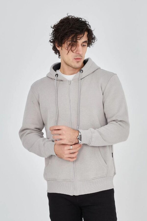 Erkek 3 İplik Pamuklu Kapüşonlu Tam Fermuarlı Cepli Hoodie Sweatshirt - Boyalı Gri