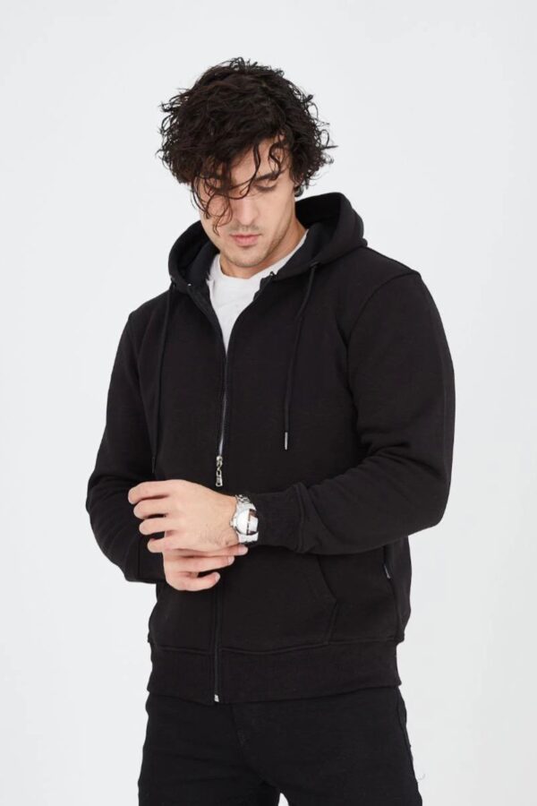 Erkek 3 İplik Pamuklu Kapüşonlu Tam Fermuarlı Cepli Hoodie Sweatshirt - Siyah
