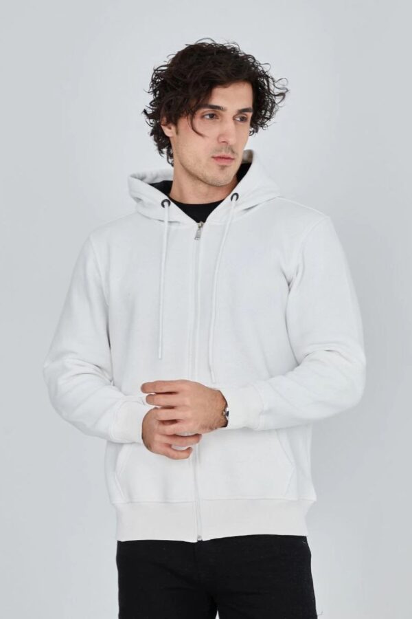 Erkek 3 İplik Pamuklu Kapüşonlu Tam Fermuarlı Cepli Hoodie Sweatshirt - Beyaz