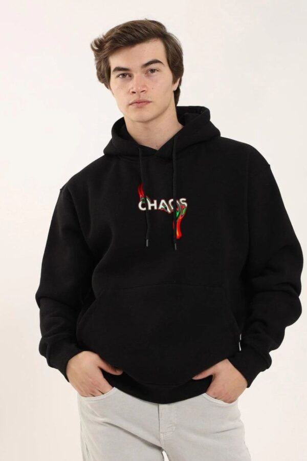 Erkek 3 İplik Pamuklu Kapüşonlu Baskılı Cepli Oversize Sweatshirt Hoodie - Siyah