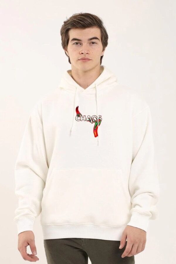 Erkek 3 İplik Pamuklu Kapüşonlu Baskılı Cepli Oversize Sweatshirt Hoodie - Beyaz