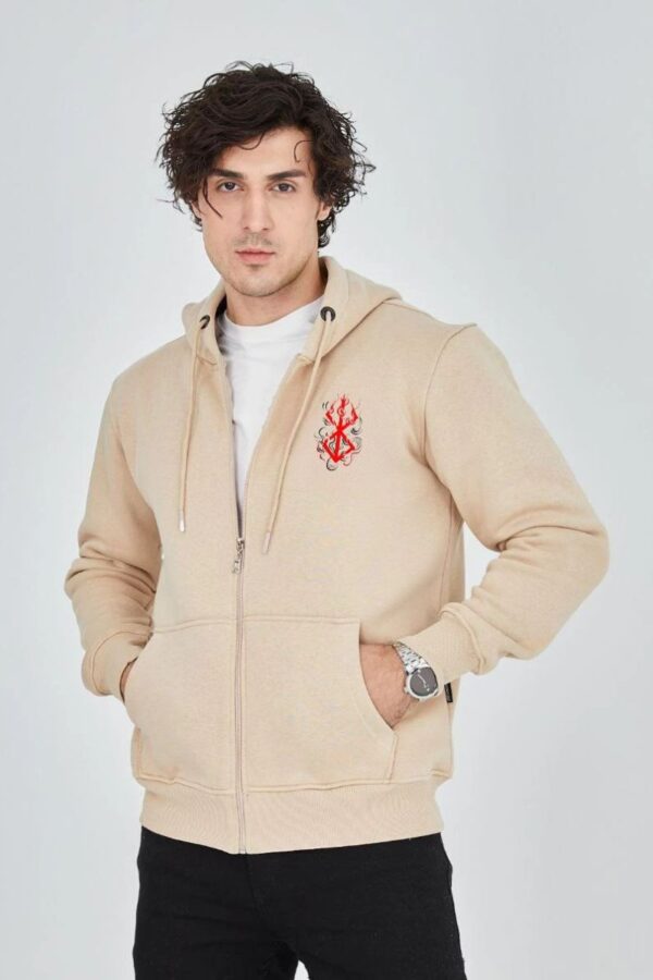 Erkek 3 İplik Pamuklu Kapüşonlu Tam Fermuarlı Cepli Hoodie Sweatshirt - Bej