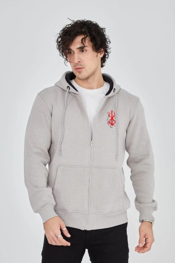 Erkek 3 İplik Pamuklu Kapüşonlu Tam Fermuarlı Cepli Hoodie Sweatshirt - Boyalı Gri