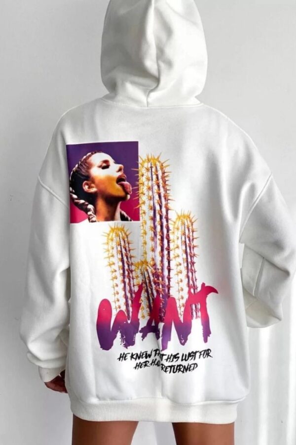 Kadın Oversize Kapüşonlu Cepli WANT Baskılı 3 İplik Pamuklu Hoodie Sweatshirt - Beyaz