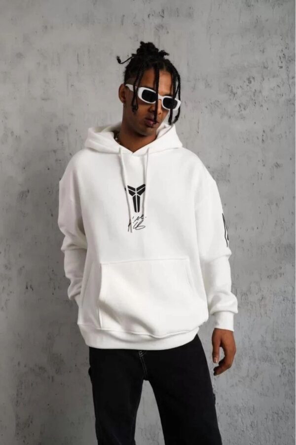 BErkek 3 İplik Pamuklu Kapüşonlu Baskılı Cepli Oversize Sweatshirt Hoodie - eyaz