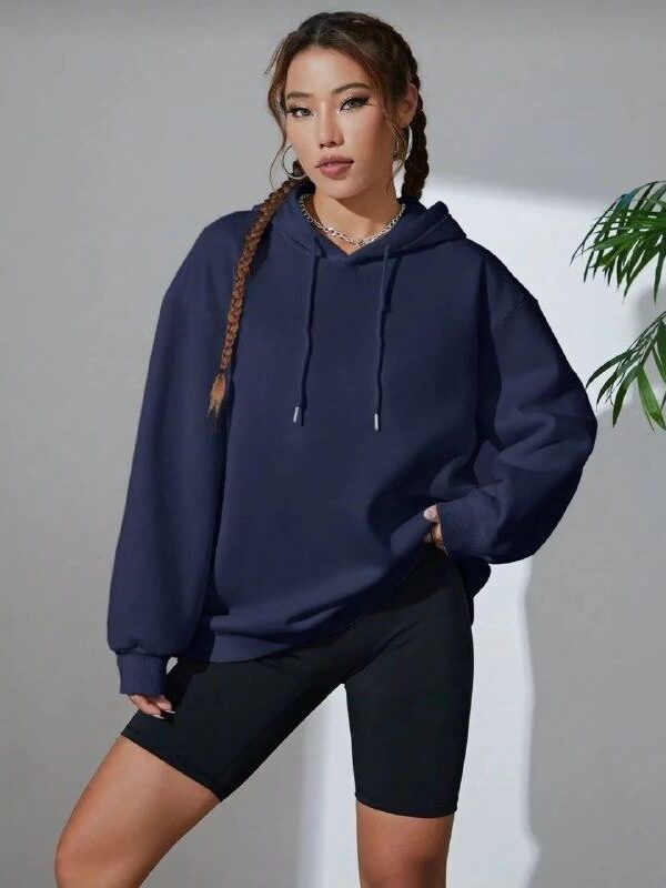 Kadın Kapüşonlu Kanguru Cepli 3 İplik Pamuklu Oversize Hoodie Sweatshirt - Lacivert