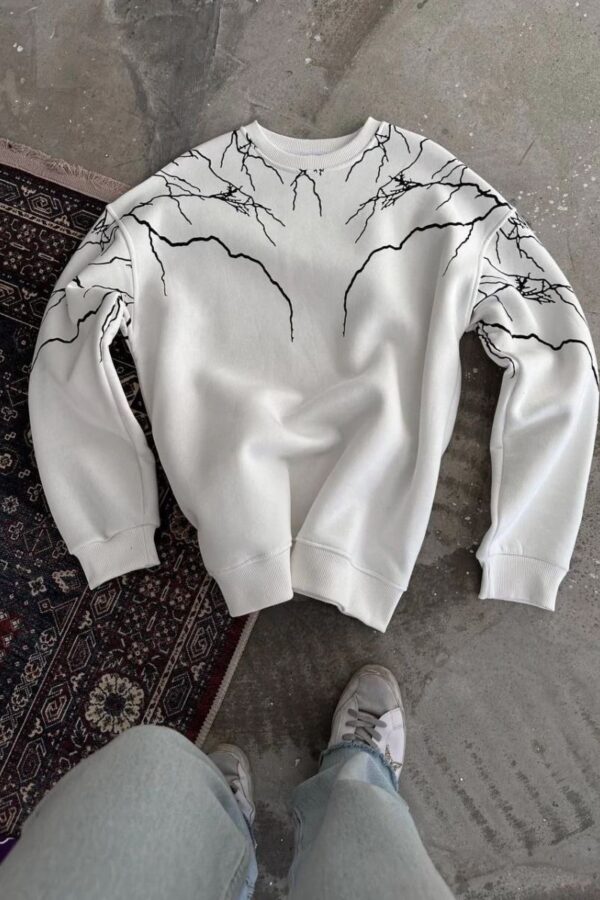 Erkek Yıldırım Baskılı Bisiklet Yaka 3 iplik pamuklu SweatShirt - Beyaz
