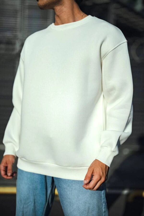 Erkek  Bisiklet Yaka 3 İplik Pamuklu Basic SweatShirt - Beyaz