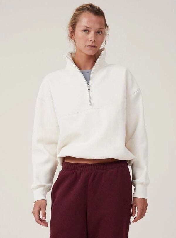 Kadın 3 İplik Pamuklu Oversize Yarım Fermuarlı Yakalı Basic Sweatshirt - Beyaz