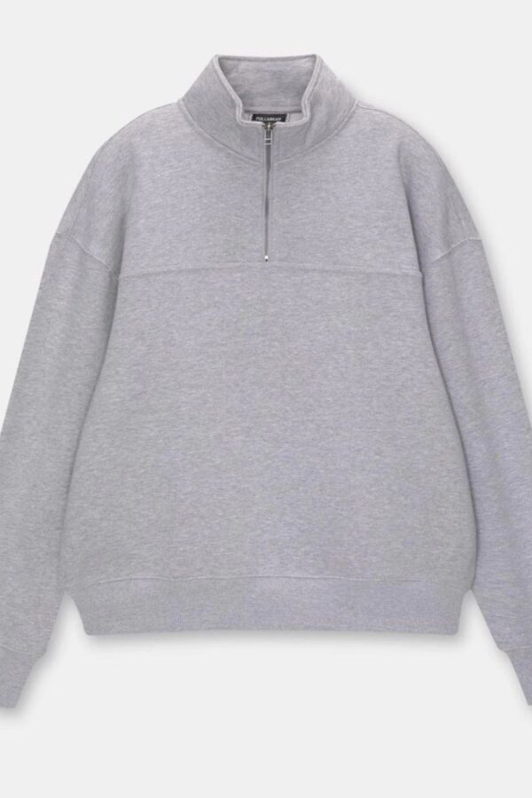 Kadın 3 İplik Pamuklu Oversize Yarım Fermuarlı Yakalı Basic Sweatshirt - Gri