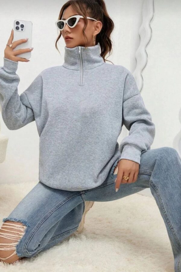 Kadın 3 iplik Pamuklu Uzun Kol Yarım Farmuarlı Yakalı  SweatShirt - Gri