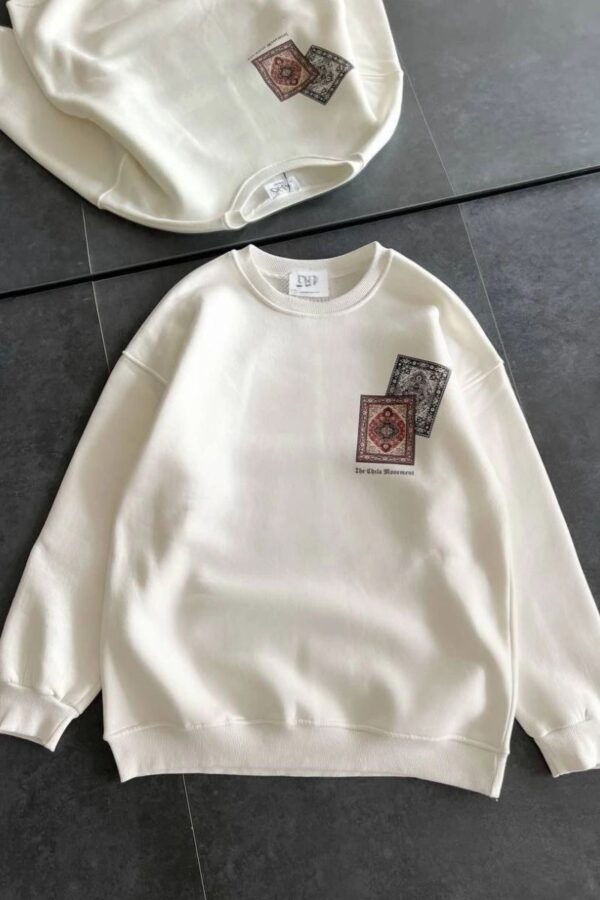 Kadın Bisiklet Yaka Kilim Halı Baskılı 3 İplik Pamuklu Sweatshirt - Beyaz