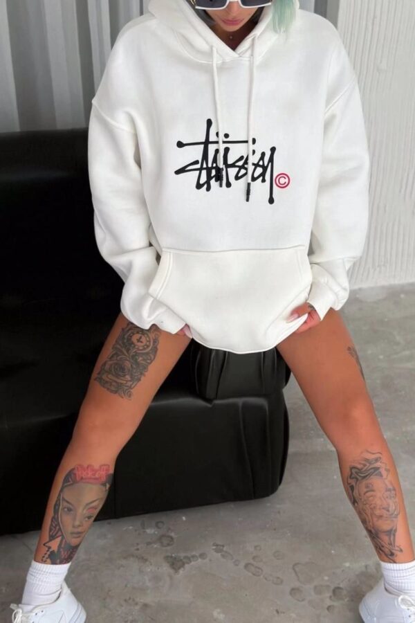 Kadın Oversize Kapüşonlu Cepli Baskılı 3 İplik Pamuklu Hoodie Sweatshirt - Beyaz