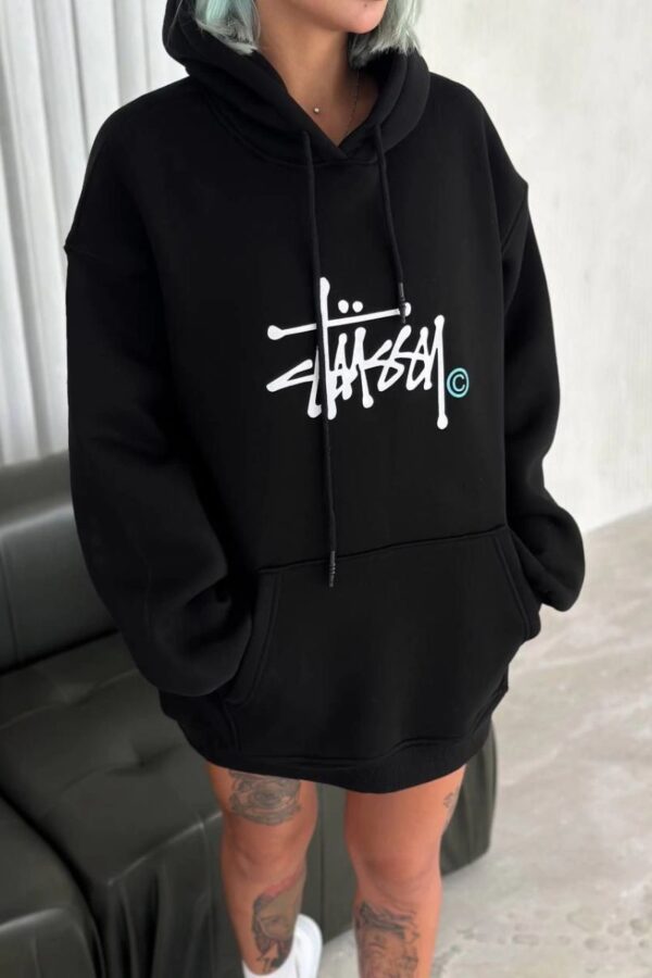 Kadın Oversize Kapüşonlu Cepli Baskılı 3 İplik Pamuklu Hoodie Sweatshirt - Siyah