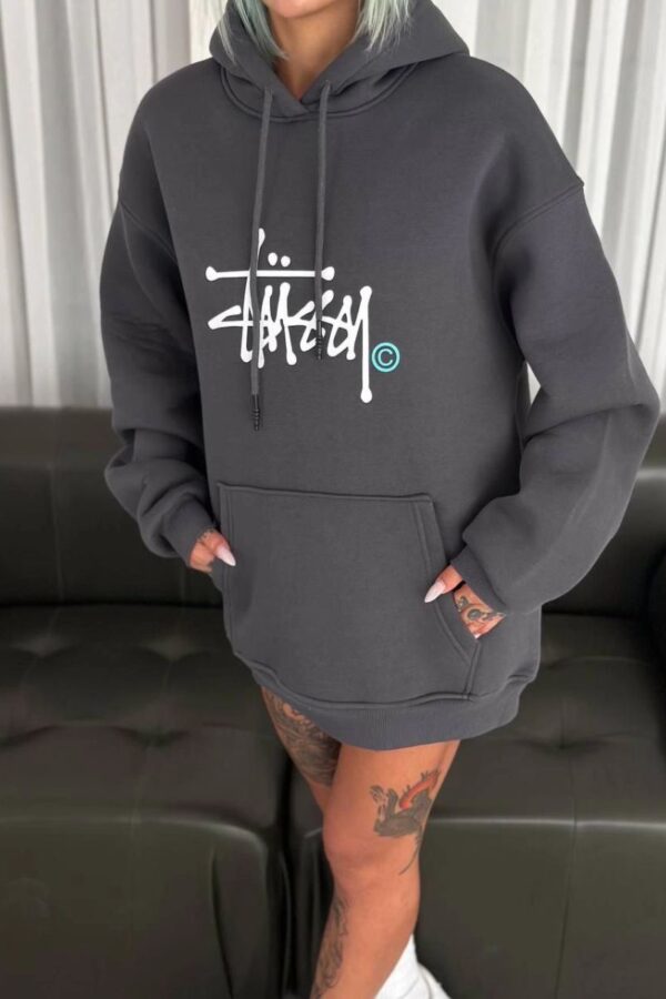 Kadın Oversize Kapüşonlu Cepli Baskılı 3 İplik Pamuklu Hoodie Sweatshirt - Füme