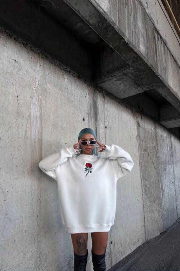 Kadın 3 iplik Pamuklu Bisiklet Yaka GÜL Baskılı SweatShirt - BeyazBeyaz
