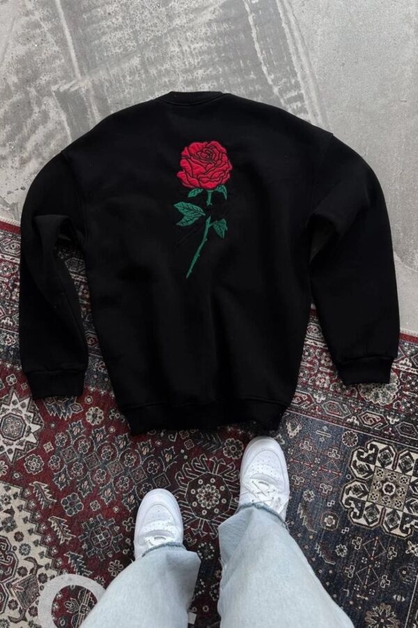 Kadın Oversize Kapüşonlu Cepli GÜL Baskılı 3 İplik Pamuklu Hoodie Sweatshirt - Siyah