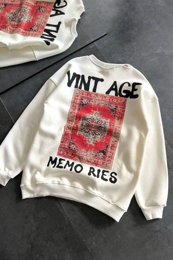 Kadın Bisiklet Yaka 3 İplik Baskılı Oversize SweatShirt - Beyaz