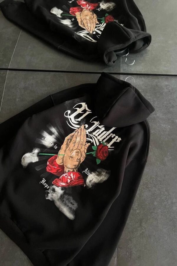 Kadın Oversize Kapüşonlu Cepli Baskılı 3 İplik Pamuklu Hoodie Sweatshirt - Siyah