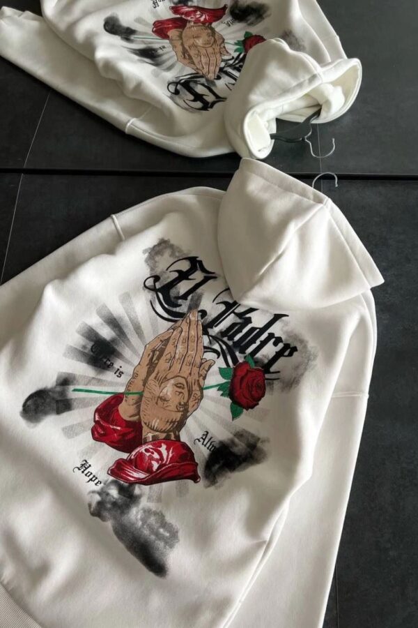 Kadın Oversize Kapüşonlu Cepli Baskılı 3 İplik Pamuklu Hoodie Sweatshirt - Beyaz