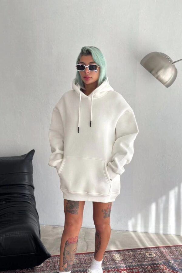 Kadın Kapüşonlu Kanguru Cepli 3 İplik Pamuklu Oversize Hoodie Sweatshirt - Beyaz