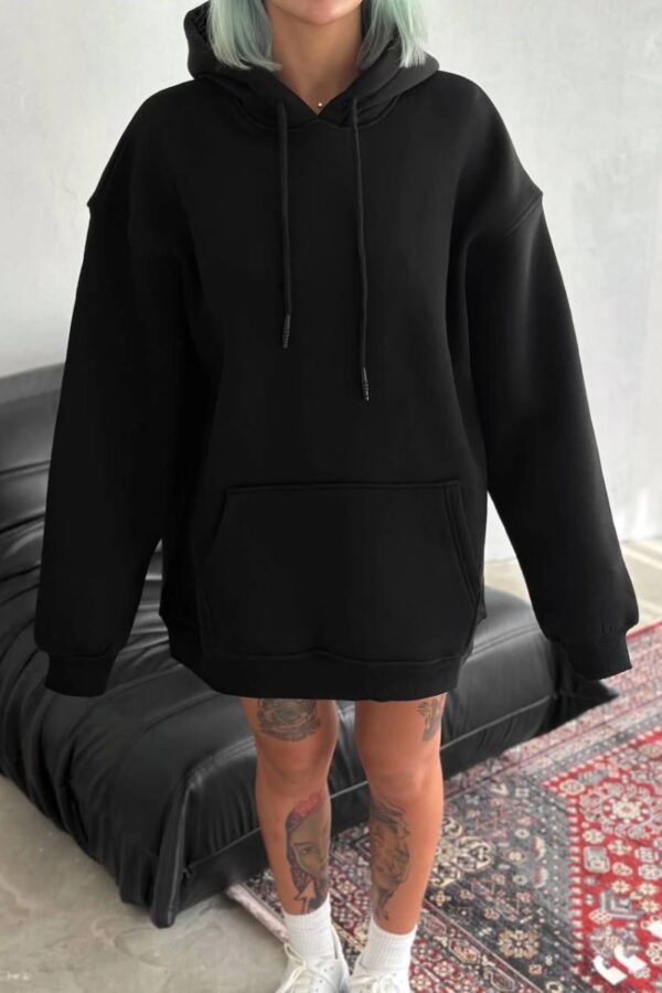 Kadın Kapüşonlu Kanguru Cepli 3 İplik Pamuklu Oversize Hoodie Sweatshirt - Siyah