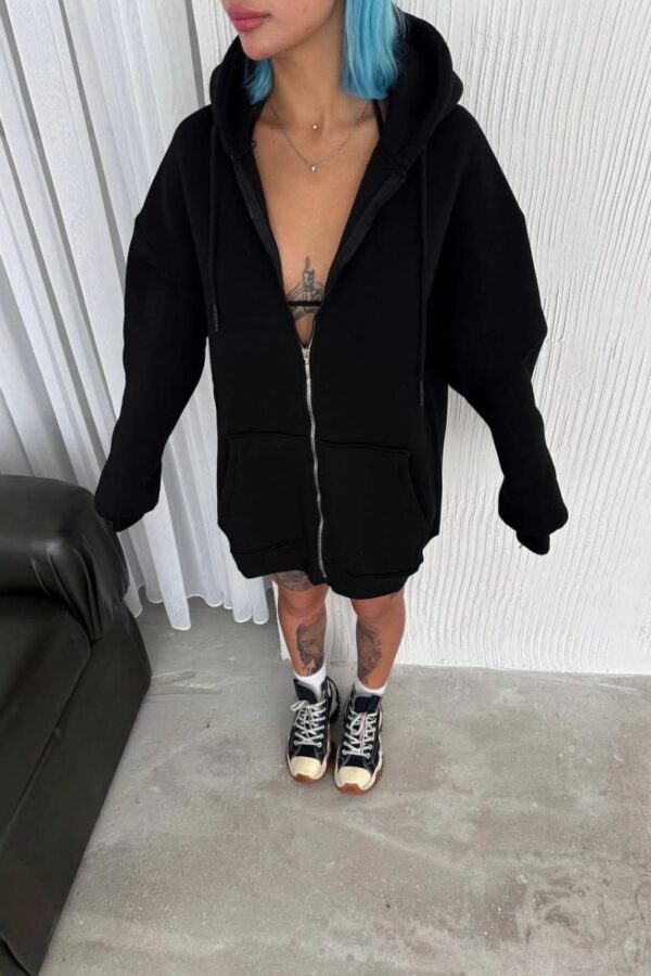 Kadın Tam Fermuarlı Cepli Kapüşonlu 3 iplik pamuklu hoodie Sweatshirt - Siyah