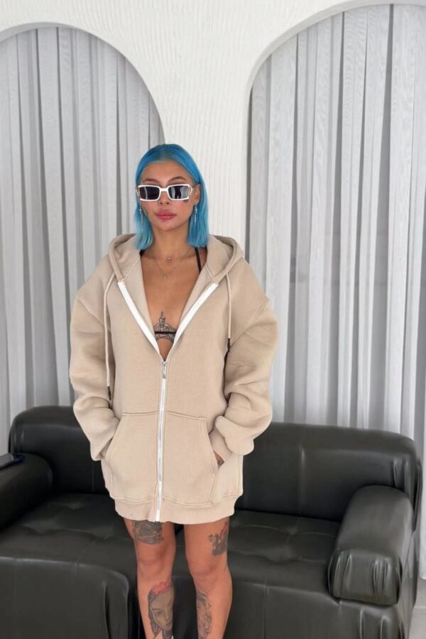 Kadın 3 İplik Pamuklu Kapüşonlu Kanguru Cepli Baskılı Oversize Hoodie Sweatshirt - Bej