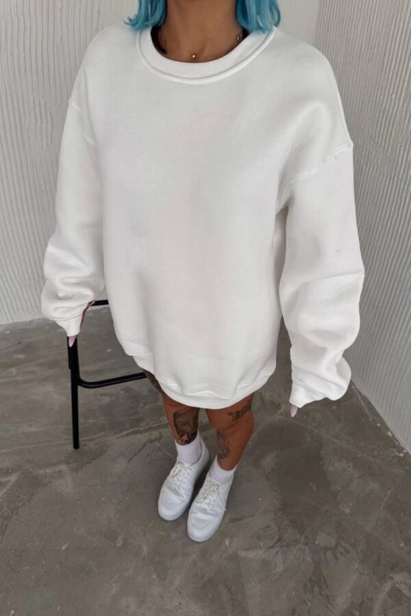 Kadın Bisiklet Yaka 3 İplik Pamuklu Basic SweatShirt - Beyaz