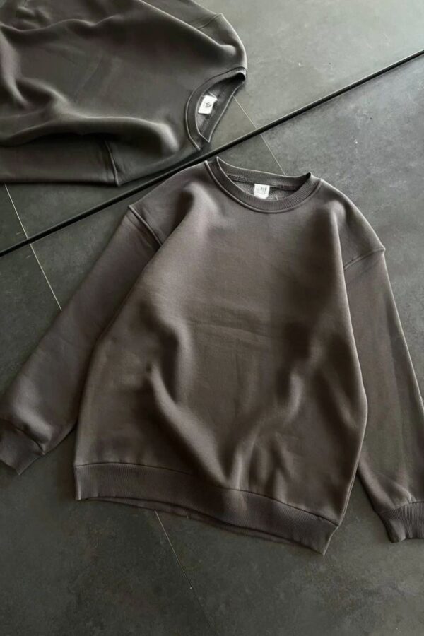 Kadın Bisiklet Yaka 3 İplik Pamuklu Basic SweatShirt - Füme