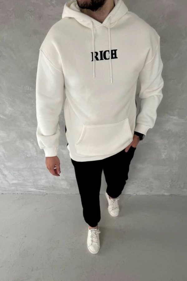 Erkek Kapüşonlu Kanguru Cepli Sweatshirt 3 İplik Pamuklu Baskılı Hoodie -  Beyaz