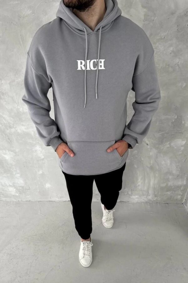 Erkek 3 İplik Pamuklu Kapüşonlu Kanguru Cepli Baskılı Oversize Hoodie Sweatshirt - Gri