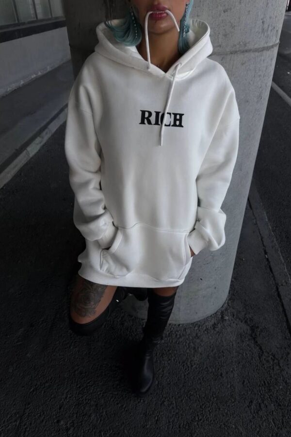 Kadın Kapüşonlu Kanguru Cepli Sweatshirt 3 İplik Pamuklu Baskılı Hoodie - Beyaz