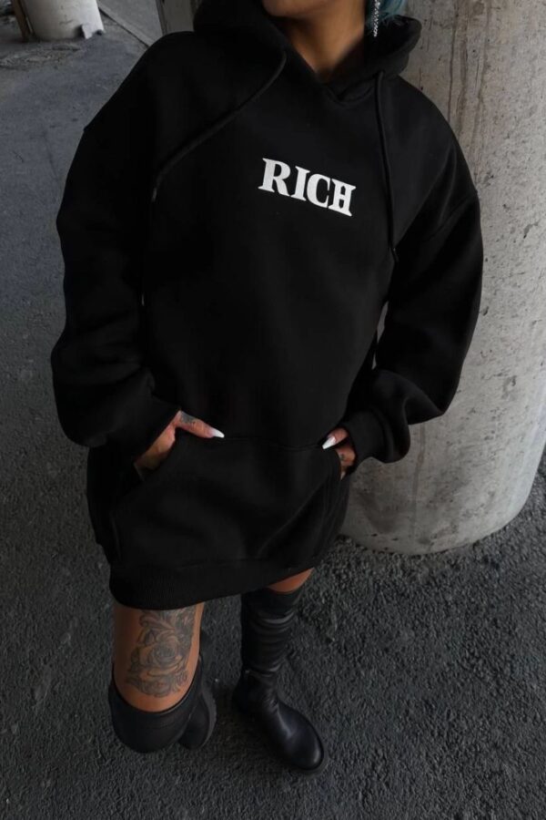 Kadın Kapüşonlu Kanguru Cepli Sweatshirt 3 İplik Pamuklu Baskılı Hoodie - Siyah