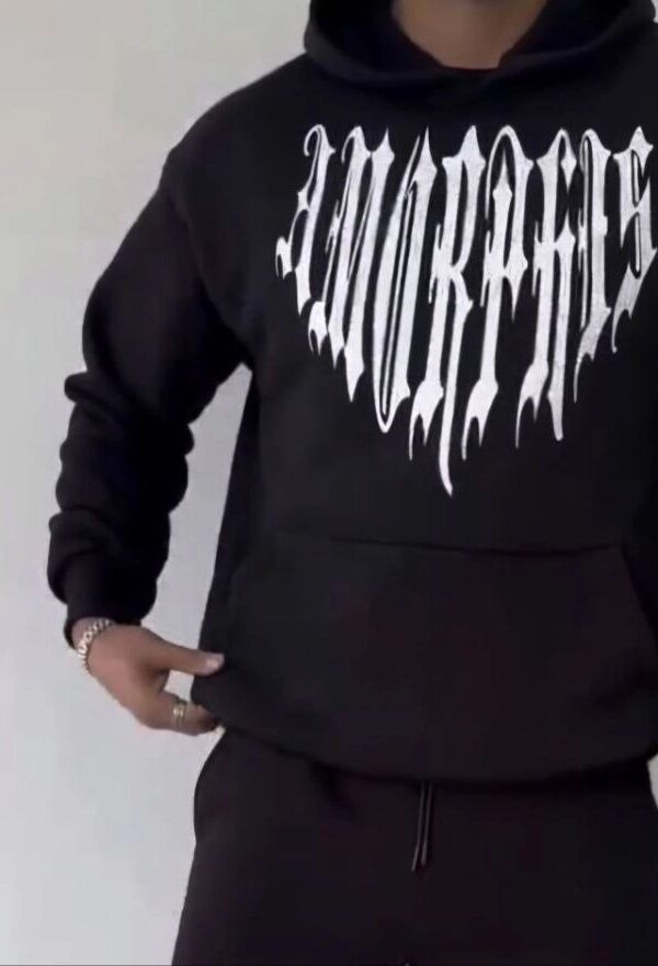 Erkek Kapüşonlu Kanguru Cepli Sweatshirt 3 İplik Pamuklu Baskılı Hoodie -  Siyah