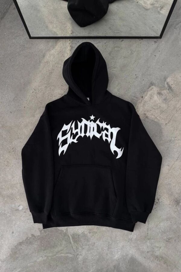 Kadın Kapüşonlu Kanguru Cepli Sweatshirt 3 İplik Pamuklu Baskılı Hoodie -  Siyah