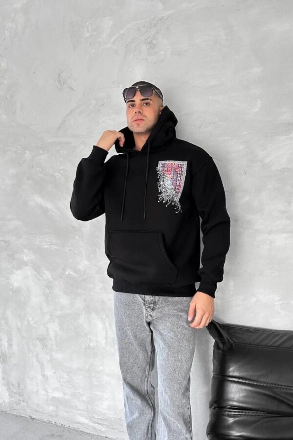 Erkek Kapüşonlu Kanguru Cepli Sweatshirt 3 İplik Pamuklu Baskılı Hoodie - Siyah