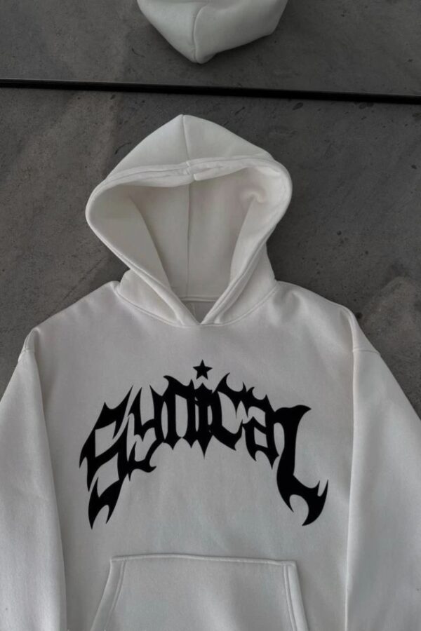 Erkek Kapüşonlu Kanguru Cepli Sweatshirt 3 İplik Pamuklu Baskılı Hoodie - Beyaz