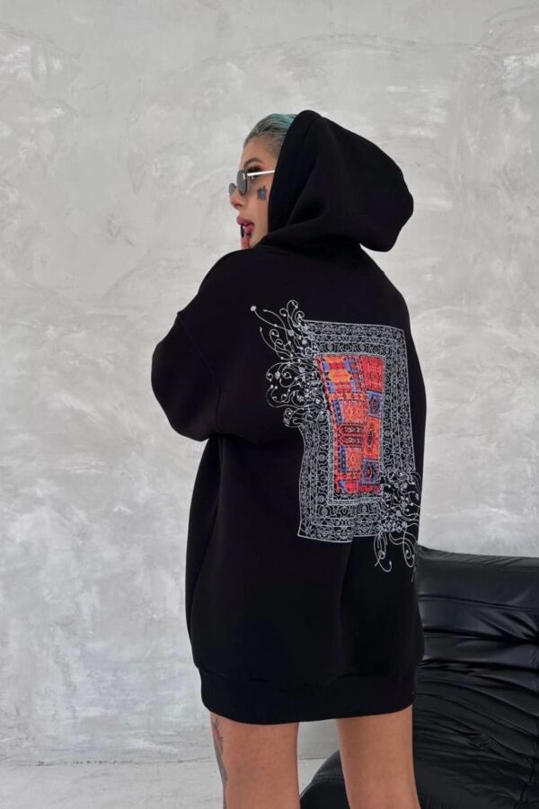 Kadın Kapüşonlu Kanguru Cepli Sweatshirt 3 İplik Pamuklu Baskılı Hoodie - Siyah