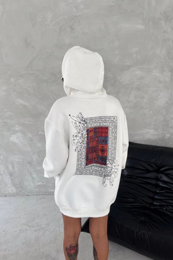 Kadın Kapüşonlu Kanguru Cepli Sweatshirt 3 İplik Pamuklu Baskılı Hoodie - Beyaz