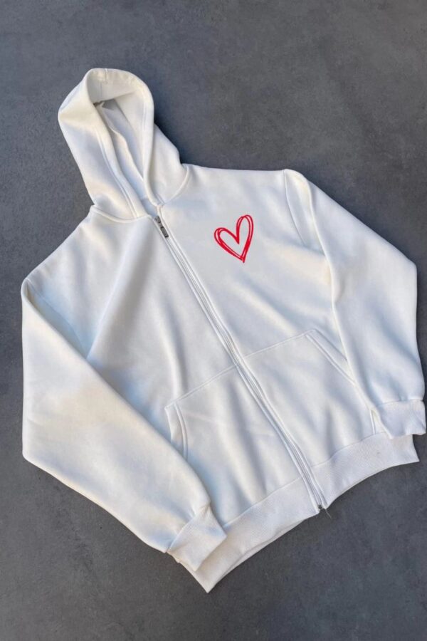 Kadın 3 İplik Pamuklu Fermuarlı Kapüşonlu Sweatshirt hoodie Hırka - Beyaz
