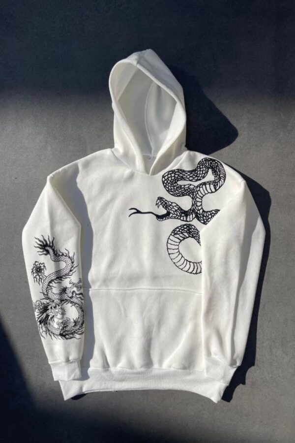 Kadın Oversize Kapüşonlu Kanguru Cepli Baskılı 3 İplik Pamuklu Sweatshirt Hoodie -   Beyaz