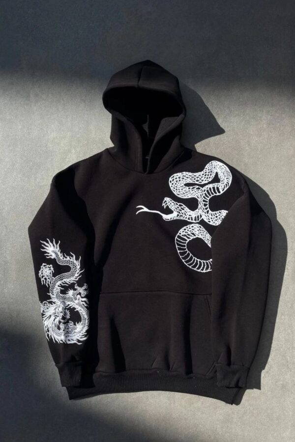 Kadın Oversize Kapüşonlu Cepli Baskılı 3 İplik Pamuklu Hoodie Sweatshirt - Siyah