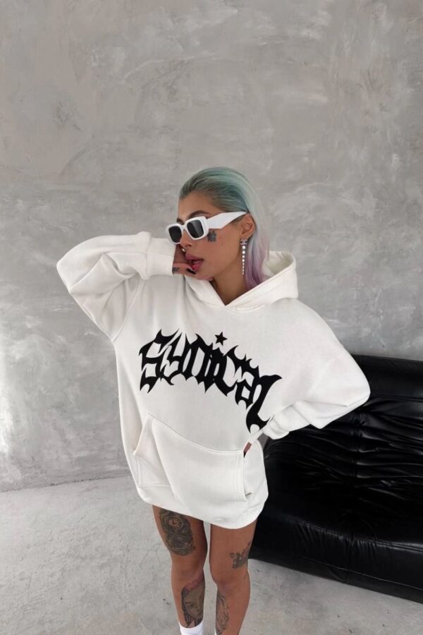 Kadın Oversize Kapüşonlu Cepli Baskılı 3 İplik Pamuklu Hoodie Sweatshirt - Beyaz