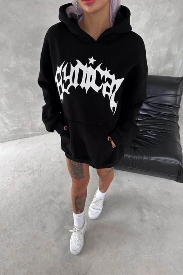 Kadın Oversize Kapüşonlu Cepli Baskılı 3 İplik Pamuklu Hoodie Sweatshirt - Siyah